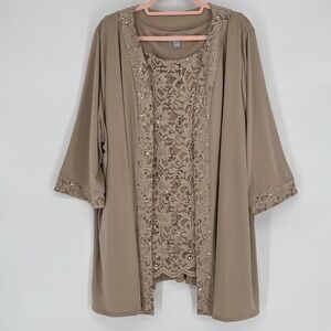 Catherines 2-Piece Lace Sequin Tank & Open Front Cardigan Set Beige 24W Plus